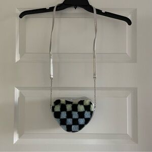 Checkered Multicolored Fuzzy Heart Crossbody Bag